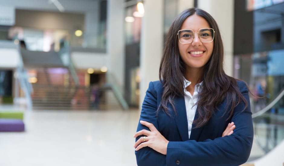 Woman wearing a dark blue suit